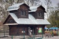 KALININGRAD, RUSSIA - MARCH 29, 2014: Old shabby wooden buildings in a fairy style in the Kaliningrad zoo Royalty Free Stock Photo